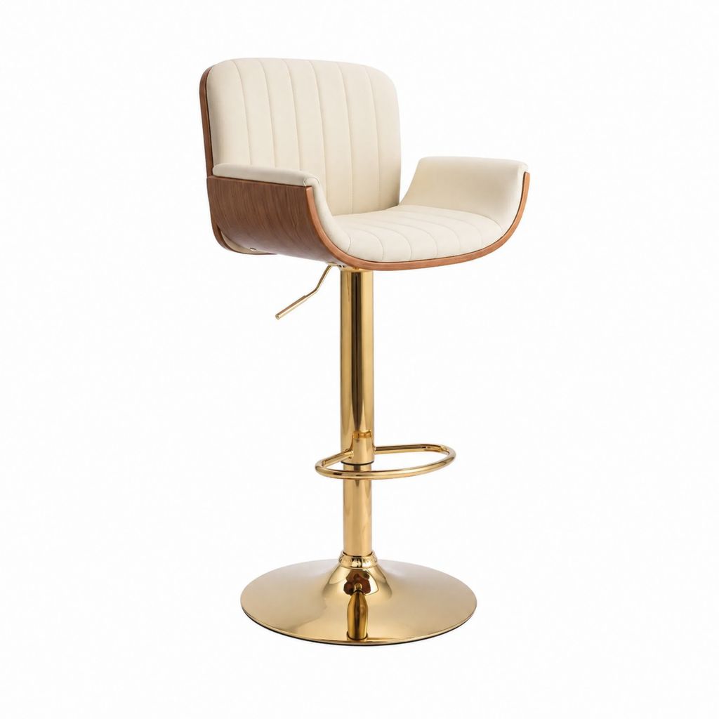 Barhocker Creme Walnussoptik PU-Kunstleder höhenverstellbar mit goldfarbenem Stahlfuß 50 x 52 x 94-115 cm