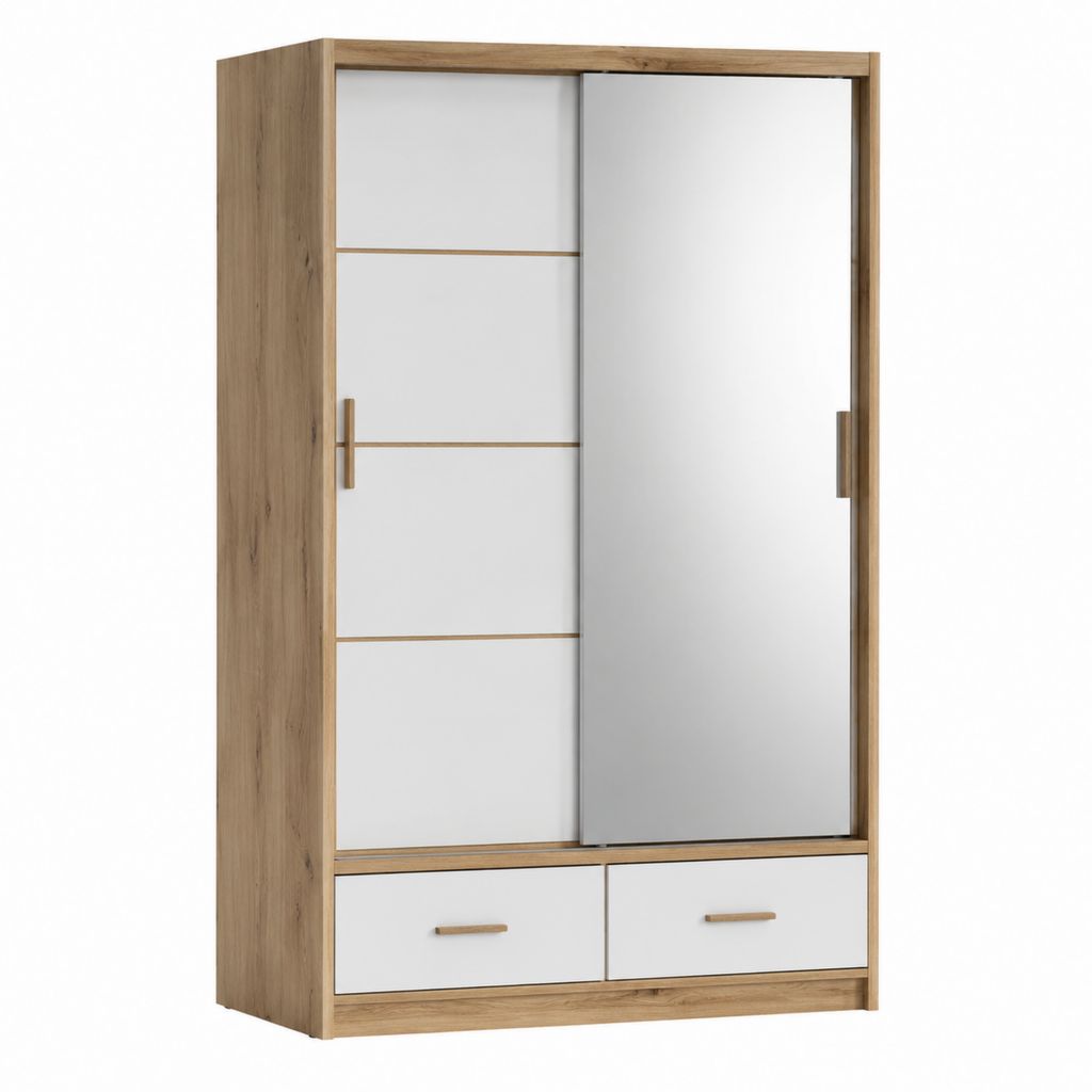 Schwebetürenschrank Weiß Eicheoptik Spanplatte mit Spiegel 120 x 60 x 200 cm