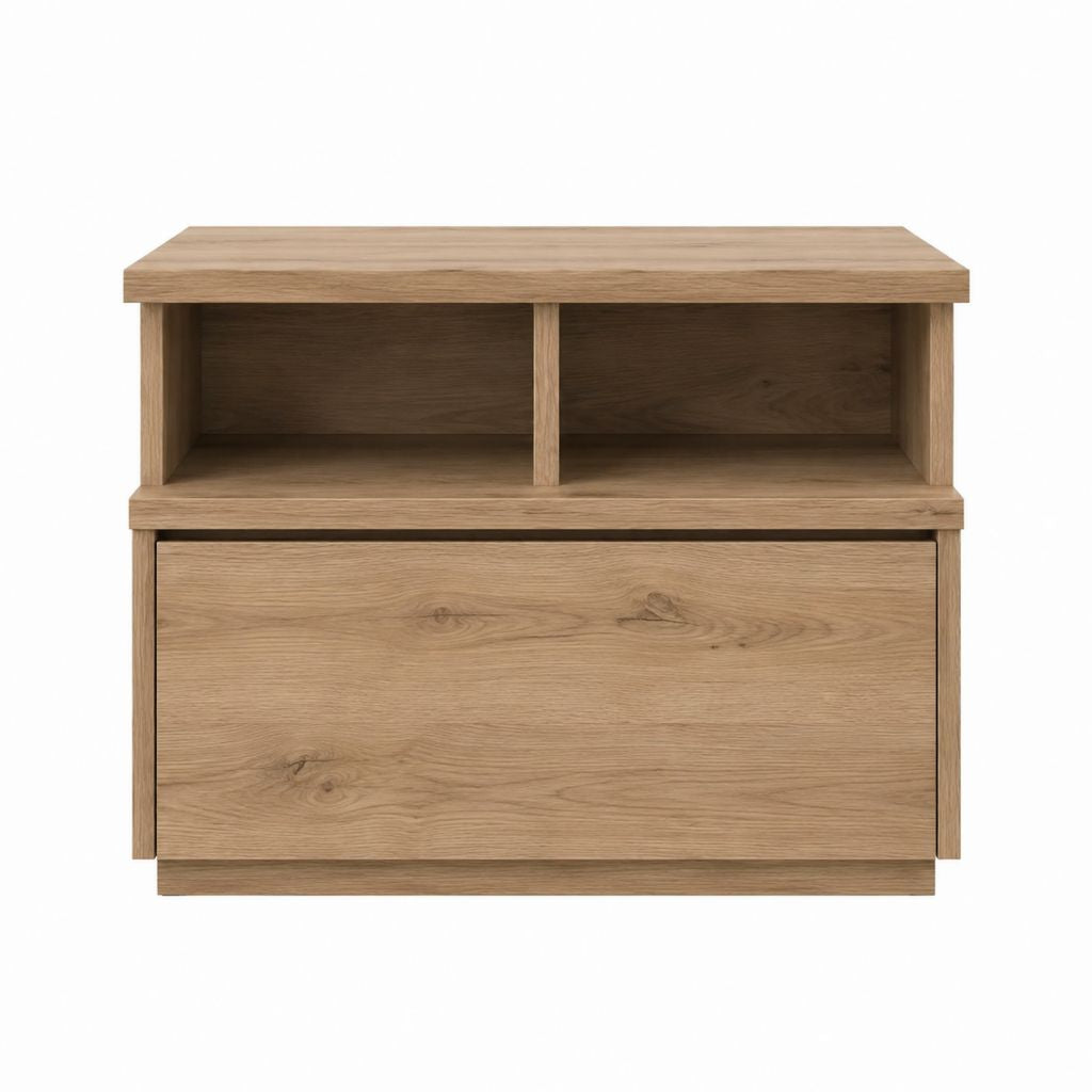 Nachttisch mit Schublade und 2 offenen Fächern Eiche natur Spanplatte rechteckig 100 x 40 x 65 cm