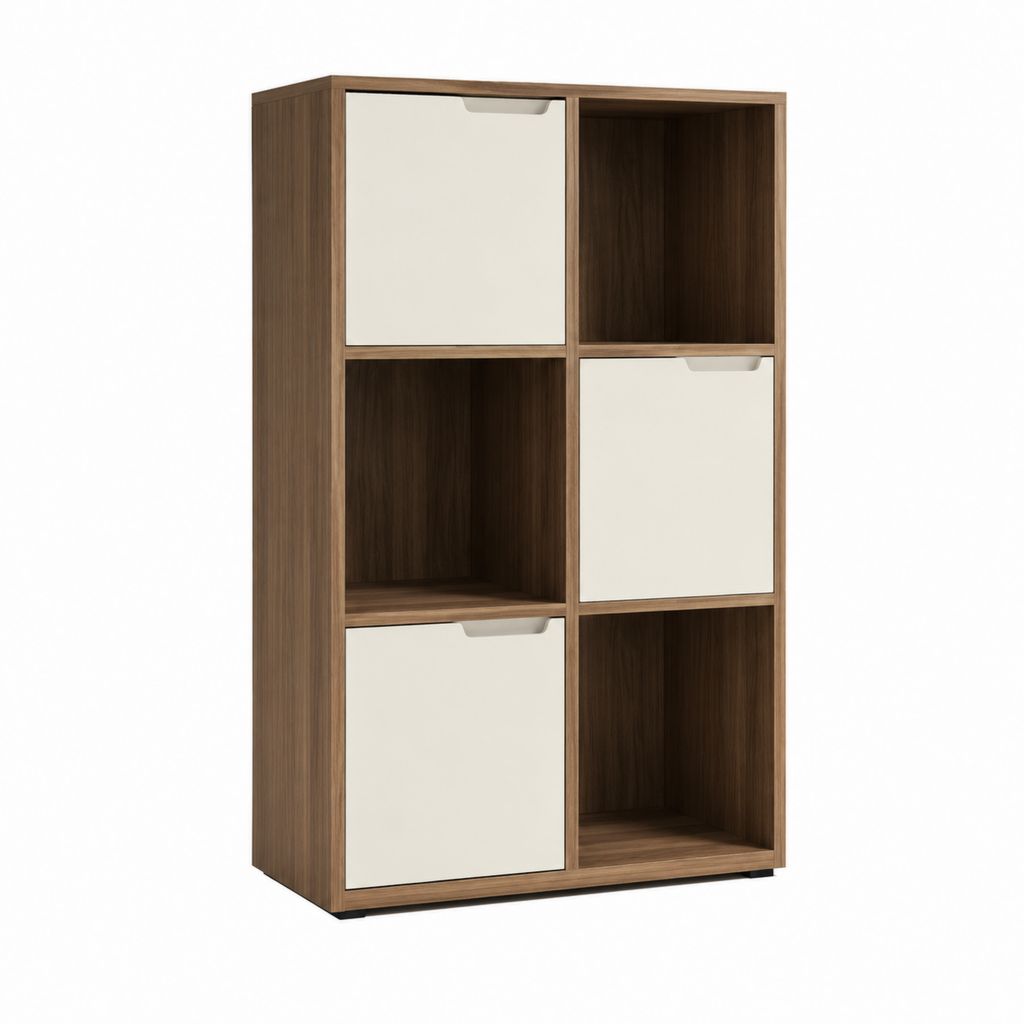 Bücherregal mit 3 Klapptüren und 3 offenen Fächern in Nussbaum Weiß aus Spanplatte 80 x 30 x 180 cm