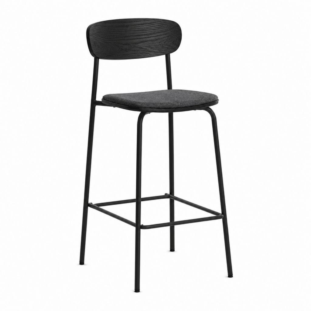 Barhocker Schwarz Stahl Sperrholz Polyester gepolstert mit Rückenlehne 97 x 45 x 52 cm